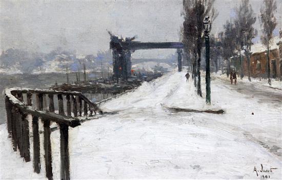 § Alexandre Jacob (1876-1972) Winter scene alongside the Seine, 10.5 x 16in.